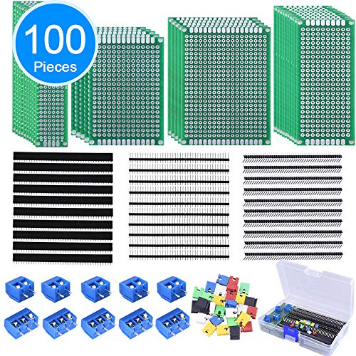 Product Cover AUSTOR 100 Pcs PCB Board Kit Including 30 Pcs Double Sided Prototype Boards and 30 Pcs 40 Pin 2.54mm Male and Female Header Connector(Bonus: 10 Pcs 2P&3P Screw Terminal Blocks and 30 Pcs Jumper Caps)