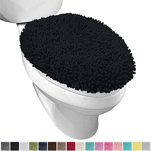 Product Cover Gorilla Grip Original Shag Chenille Bathroom Toilet Lid Cover, 19.5 x 18.5 Inches Large Size, Machine Washable, Ultra Soft Plush Fabric Covers, Fits Most Size Toilet Lids for Bathroom, Black