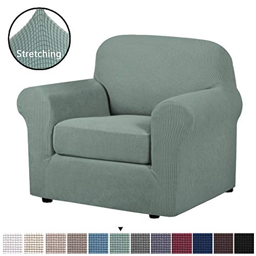 Product Cover H.VERSAILTEX 2-Piece Armchair Cover Chair Slipcovers with Arms Sofa Slipcover for Chair Fit Chair Width Up to 48 Inch, Anti-Slip Rich Lycra Knitted Jacquard Fabric Small Checks(Chair, Sage)