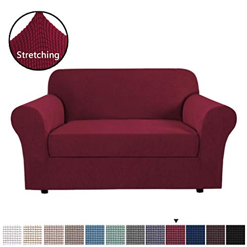 Product Cover H.VERSAILTEX High Stretch 2 Piece Loveseat Couch Covers Furniture Protector Sofa Cover for Loveseat, Durable and Thick Spandex Stretch Fabric Super Soft Slipcover - Loveseat, Burgundy Red