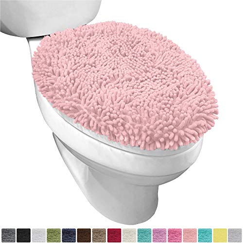 Product Cover Gorilla Grip Original Shag Chenille Bathroom Toilet Lid Cover, 19.5 x 18.5 Inches Large Size, Machine Washable, Ultra Soft Plush Fabric Covers, Fits Most Size Toilet Lids for Bathroom, Light Pink
