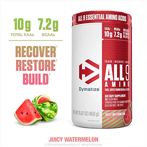 Product Cover Dymatize All9 Amino, 7.2g of BCAAs, 10g of Full Spectrum Essential Amino Acids Per Serving for Recovery and Optimal Muscle Protein Synthesis, Juicy Watermelon, 30 Servings, 15.87 Ounce