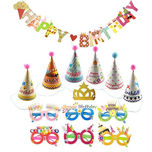 Product Cover Small Birthday Party Hats with Pom Poms and Glitter Crow Set for Kids or Adults with Happy Birthday Banner and Lens-less Happy Birthday Glasses by CSPRING