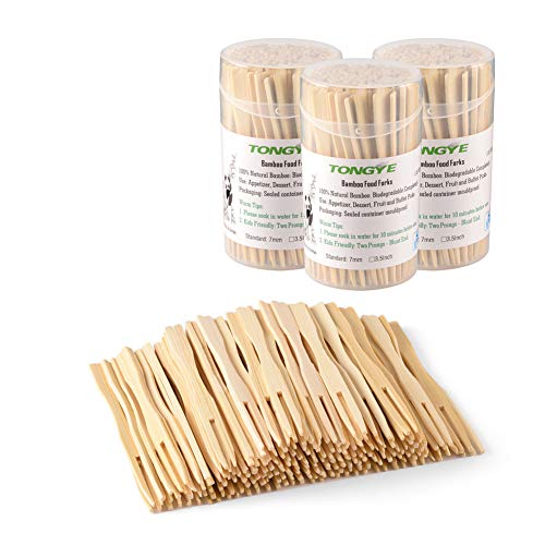 Product Cover Bamboo Forks 3.5 Inch, Mini Food Picks for Party, Banquet, Buffet, Catering, and Daily Life. Two Prongs - Blunt End Toothpicks for Appetizer, Cocktail, Fruit, Pastry, Dessert. 330 PCS (3 packs of 110)