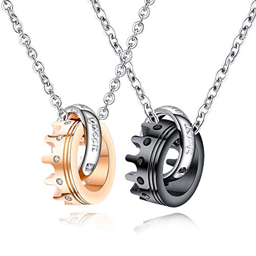 Product Cover Fate Love Couples Necklace His Queen and Hers King Stainless Steel Crown Pendant Necklace for Men Women, 20-22 Inches Link Chain
