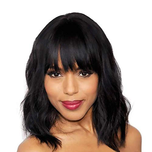 Product Cover Natural Looking Medium Long Wavy Wigs For Black Women Short Bob Hairstyle Synthetic Heat Resistant Curly Wigs With Free Cap Net (Natural Black-01)