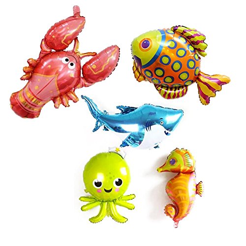 Product Cover 5 Pack Large Under the Sea Animal Balloons 38inch Cartoon Sea Horse Balloon/Octopus Balloon/Shark Balloon/Tropical Fish Balloons for Kid Birthday Party Decorations