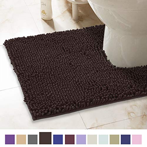 Product Cover ITSOFT Non-Slip Shaggy Chenille Toilet Contour Bathroom Rug with Water Absorbent, Machine Washable, 21 x 24 Inches U-Shaped Chocolate Brown
