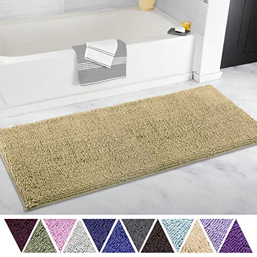 Product Cover ITSOFT Non Slip Shaggy Chenille Soft Microfibers Runner Large Bath Mat for Bathroom Rug Water Absorbent Carpet, Machine Washable, 21 x 47 Inches Beige