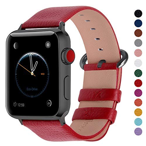 Product Cover Fullmosa Compatible Apple Watch Band 38mm 40mm 42mm 44mm Calf Leather Compatible iWatch Band/Strap Compatible Apple Watch Series 5 Series 4 Series 3 Series 2 Series 1, 44mm 42mm Red + Smoky Grey Buckle