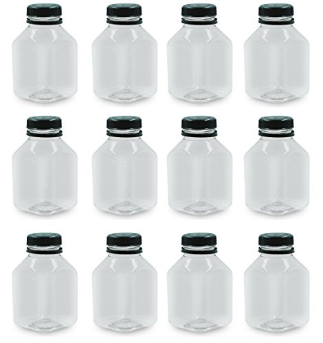 Product Cover 8 Oz Clear Plastic Juice/Dressing PET Square Container w/Black Tamper Evident Caps Disposable and Eco Friendly by Pexale(TM)- ((black caps, 12)