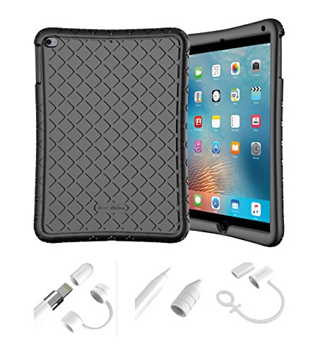 Product Cover Bear Motion Silicon Case for iPad 9.7 2018 2017 / iPad Air 2 / iPad Air and Apple Pencil Cap Holder Cover Shockproof Silicone Protective Cover (Black Silicon Case + White Apple Pen Holder)