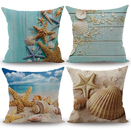 Product Cover CARRIE HOME Nautical Coastal Decor Starfish/Seashell/Sand/Beach House Decorative Throw Pillow Covers 18 x 18 Inch for Party, 4 Pack