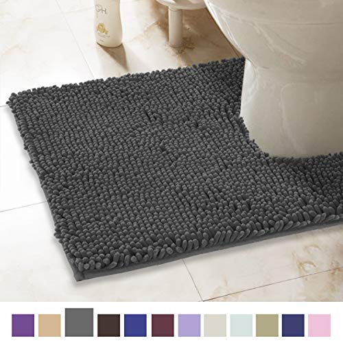 Product Cover ITSOFT Non-Slip Shaggy Chenille Toilet Contour Bathroom Rug with Water Absorbent, Machine Washable, 21 x 24 Inches U-Shaped Charcoal Gray
