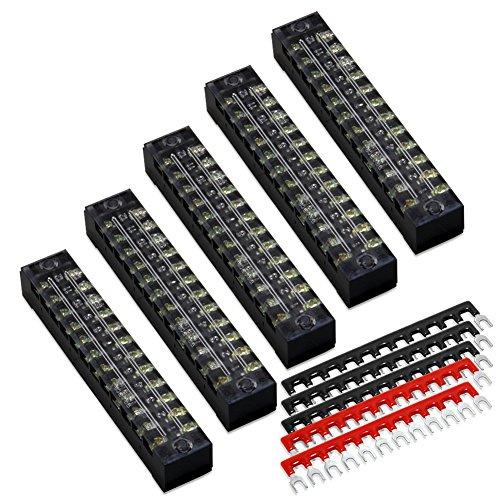 Product Cover 10pcs (5 Sets) 12 Positions Dual Row 600V 15A Screw Terminal Strip Blocks with Cover + 400V 15A 12 Positions Pre-Insulated Terminals Barrier Strip (Black & Red) by MILAPEAK
