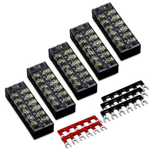 Product Cover 10pcs (5 Sets) 6 Positions Dual Row 600V 25A Screw Terminal Strip Blocks with Cover + 400V 25A 6 Positions Pre-Insulated Terminals Barrier Strip (Black & Red) by MILAPEAK