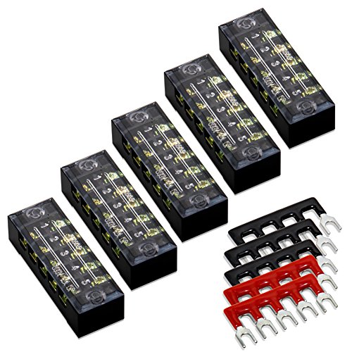 Product Cover 10pcs (5 Sets) 5 Positions Dual Row 600V 15A Screw Terminal Strip Blocks with Cover + 400V 15A 5 Positions Pre-Insulated Terminals Barrier Strip (Black & Red) by MILAPEAK