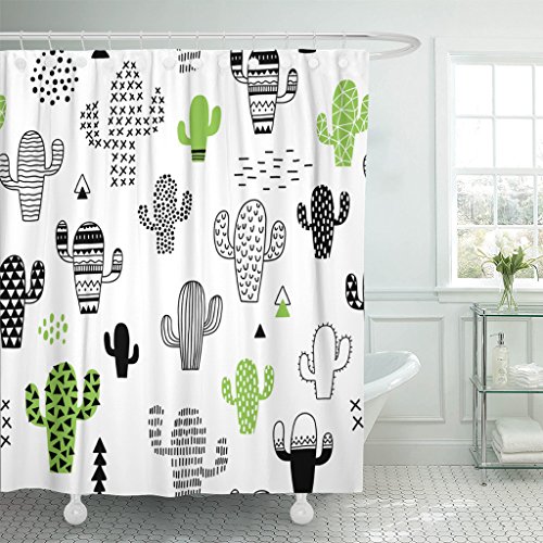 Product Cover TOMPOP Shower Curtain Black Desert Cute Hand Drawn with Cactus Hipster Geometric Waterproof Polyester Fabric 72 x 72 inches Set with Hooks