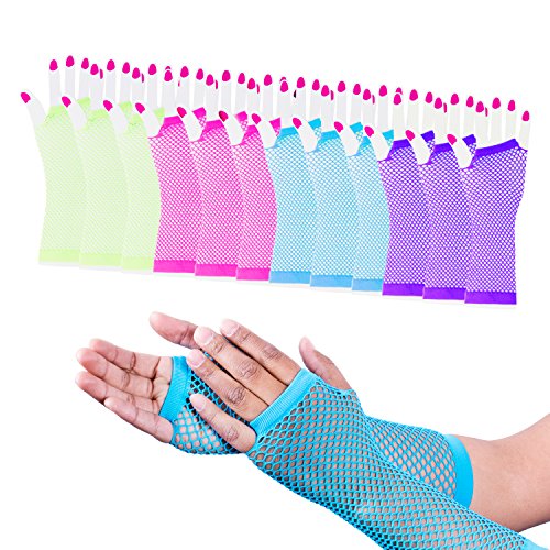 Product Cover Super Z Outlet Diva Fingerless Fishnet Neon Bright Colorful Gloves 80s Dress-Up Party (12 Pack)