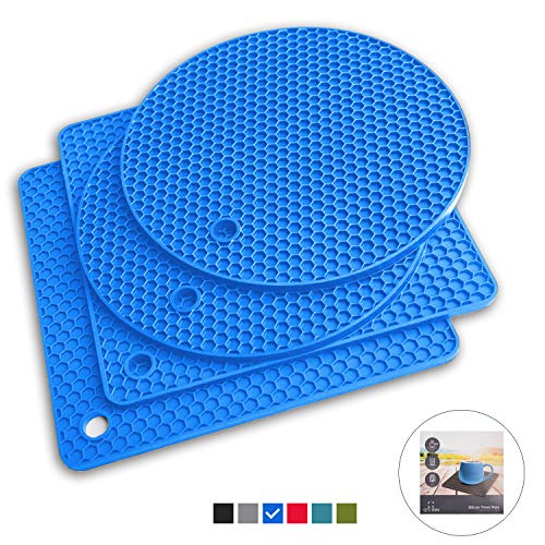 Product Cover Q's INN Blue Silicone Trivet Mats | Hot Pot Holders | Drying Mat. Our potholders Kitchen Tool is Heat Resistant to 440°F, Non-slip,durable, flexible easy to wash and dry and Contains 4 pcs.