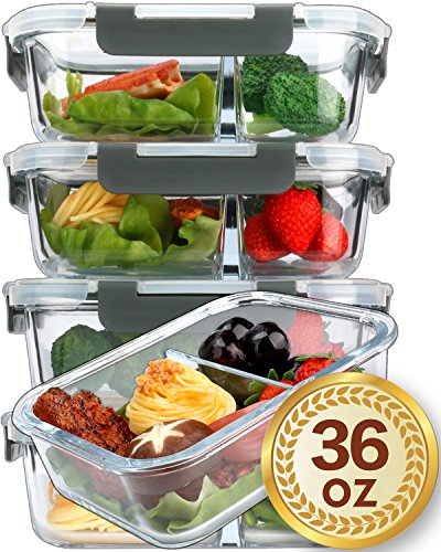 Product Cover [5-Packs,36 Oz]Glass Meal Prep Containers 2 Compartments Portion Control with Upgraded Snap Locking Lids Glass Food Storage Containers BPA-Free, Microwave, Oven, Freezer and Dishwasher Safe (4.5 Cups)