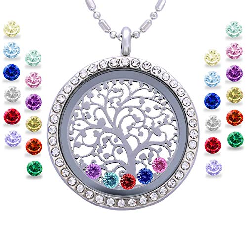 Product Cover Family Tree of Life Floating Living Memory Locket Pendant Necklace with Birthstone, All Charms Included