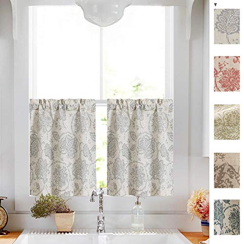 Product Cover jinchan Floral Scroll Printed Linen Tiers Curtains Pole Top Ikat Flax Textured Medallion Design Jacobean Floral Curtains Retro Living Room Window Treatments Grey 24 Inch Long 2 Panels