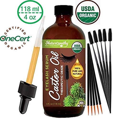 Product Cover Naturopathy Castor Oil (4oz) USDA Certified Organic, 100% Pure, Cold Pressed. Stimulates Growth for Eyelashes, Eyebrows, Hair, Eyelash Growth Serum. Brow Treatment. FREE Mascara Starter Kit