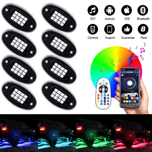 Product Cover ROCCS 8Pcs RGB LED Rock Light Multicolor Neon LED Light Kit with Bluetooth Wireless Remote Control for Jeep Off Road Car Truck Underbody Vehicle Tail Glow Lamp