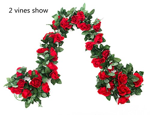 Product Cover EDIFIERY 2 Pack (16FT) Artificial Rose Vine Flowers Plants Fake Flower Vine For Wedding Home Party Garden Craft Art Decor Red