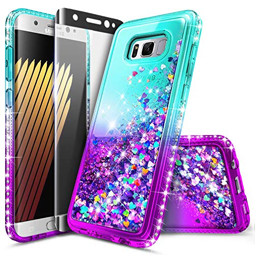Product Cover Galaxy S8+ Plus Case with Screen Protector (Full Coverage 3D PET) for Girls Women Kids, NageBee Glitter Liquid Sparkle Bling Floating Waterfall Cute Case for Samsung Galaxy S8+ Plus -Aqua/Purple