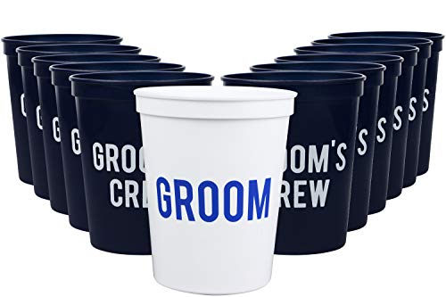 Product Cover Groom and Grooms Crew Bachelor Party Cups, Set of 12 Blue and Red 16oz Stadium Cups, Buy Him A Beer The End is Near, Perfect Bachelor Party Decoration (White)