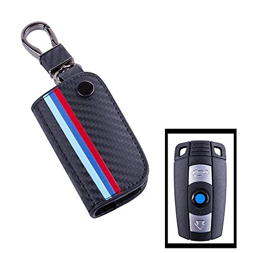 Product Cover JKCOVER Key Fob Holder Protector Compatible with BMW Remote Fob, M-Colored Stripe Black Carbon Fiber Pattern Leather Key Cover with Keychain (for Older 1 3 5 6 Series X5 X6 Z4)