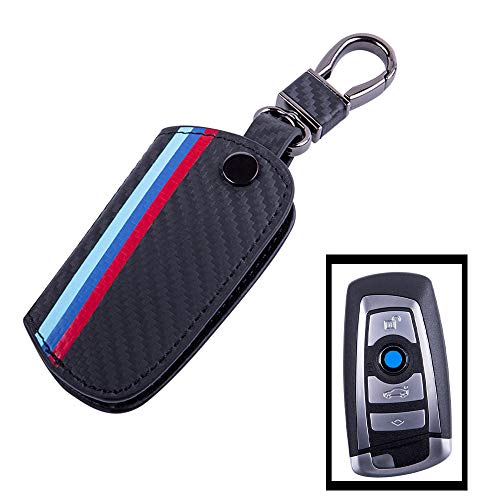 Product Cover JKCOVER Key Fob Holder Protector Compatible with BMW Remote Fob, M-Colored Stripe Black Carbon Fiber Pattern Leather Key Cover with Keychain (for 1 2 3 4 5 6 7 Series X3)
