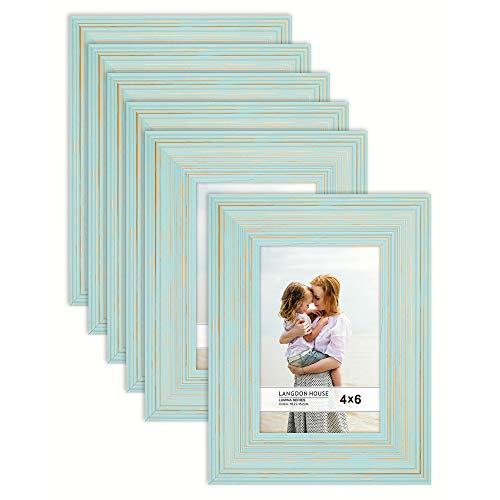 Product Cover Langdon House 4x6 Real Wood Picture Frames (6 Pack, Eggshell Blue - Gold Accents), Wooden Photo Frame 4 x 6, Wall Mount or Table Top, Set of 6 Lumina Collection