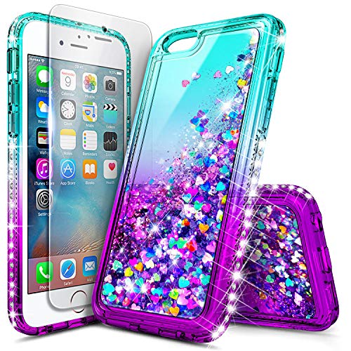 Product Cover NageBee iPhone 6S Case, iPhone 6 Case with Tempered Glass Screen Protector for Girls Women Kids, Glitter Liquid Waterfall Floating Diamond Durable Moving Quicksand Clear Cute Phone Case -Aqua/Purple