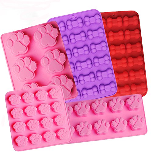 Product Cover Food Grade Silicone Puppy Treat Molds, Shxmlf Dog Paw and Bone Mold, Non-stick Ice Cube Mould, Jelly, Biscuits, Chocolate, Candy Baking Mold, Easy for Use in Oven Microwave Freezer Dishwasher -5 Pack