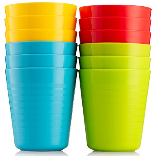 Product Cover Plaskidy Kids Cups - Set of 12 Kids Plastic Cups - 8 oz Kids Drinking Cups -Plastic Cups Reusable - Dishwasher Safe - BPA-Free Cups for Kids & Toddlers Bright Colored - Unbreakable Toddler Cups