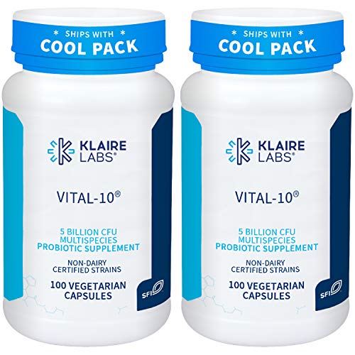 Product Cover Klaire Labs Vital-10 Probiotic - Immune & Digestive Support Supplement 5 Billion CFU 10 Species with Lactobacillus, Bifidobacterium & Streptococcus, Hypoallergenic & Dairy-Free (100 Capsules, 2 Pack)