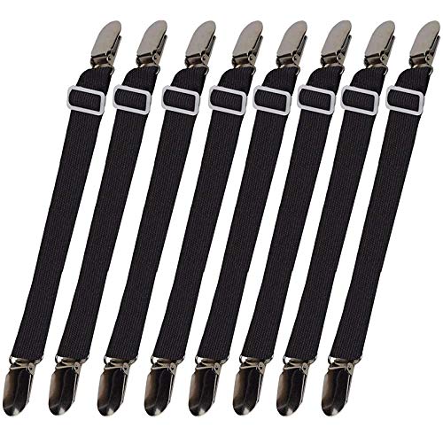 Product Cover Dericeedic 8pcs(2 Sets) Sheet Straps Suspenders Band Adjustable Bed Corner Holder Elastic Fasteners Clips Grippers Mattress Pad Cover Fitted Sheet, Black