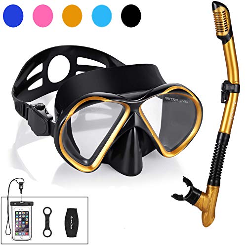 Product Cover OMGear Snorkel Set Snorkeling Mask Dry Snorkel with Neoprene Mask Strap Waterproof Phone Case for Swimming Scuba Diving Freediving (Gold)