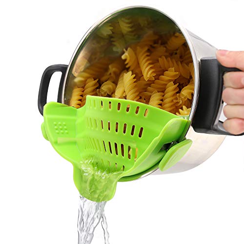 Product Cover Silicone Clip On Strainer Colander Spout Kitchen Gadget Tool Food Drainer For Spaghetti, Pasta, Ground Beef, Universal Fit On All Pots and Bowls, Flexible and Small For Space Saving - Green