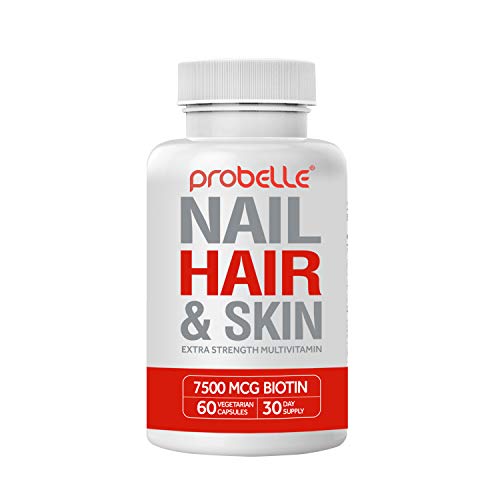 Product Cover Probelle Hair, Skin & Nails Extra Strength multivitamin. 7500 mcg Biotin. 21 Essential Ingredients. Nourishment for Hair Growth, Healthy Skin, Strong Nails. for Men & Women. 60 Vegan Capsules.