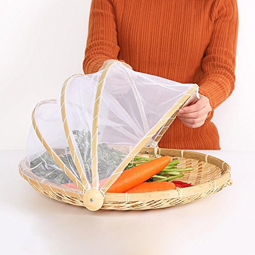 Product Cover Hand-Woven Food Serving Tent Basket, Fruit Vegetable Bread Cover Storage Container Outdoor Picnic Food Cover Mesh Tent Basket with Gauze(Bug- proof, Dust-proof ) Keep Out Flies, Bugs, Mosquitoes (L)