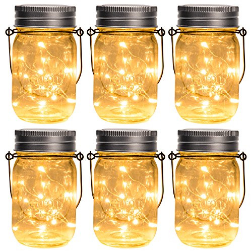 Product Cover GIGALUMI Hanging Solar Mason Jar Lid Lights, 6 Pack 15 Led String Fairy Lights Solar Laterns Table Lights, 6 Hangers and Jars Included. Great Outdoor Lawn Décor for Patio Garden, Yard and Lawn.