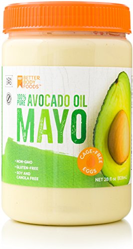 Product Cover BetterBody Foods Avocado Oil Mayonnaise Avocado Oil Mayo is made with 100% Avocado Oil Non-GMO Cage-Free Eggs Soy & Canola Free 28 Ounce Paleo