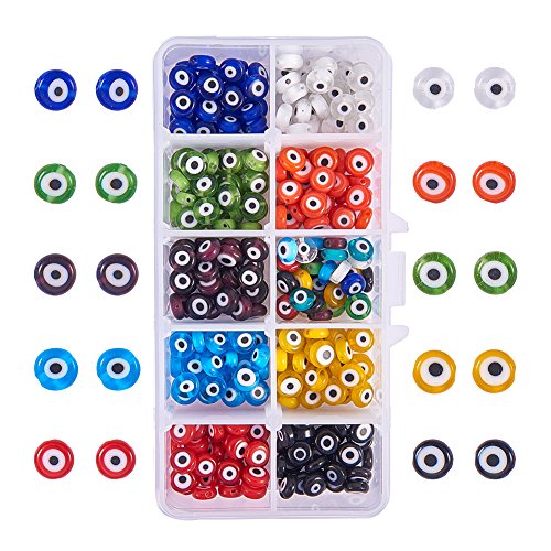 Product Cover NBEADS 350 Pcs 8mm Mixed Color Handmade Evil Eye Lampwork Beads, 9 Assorted Colors Flat Round Lampwork Spacer Beads DIY Crafts Evil Eye Charms with Container for DIY Bracelets Necklace Jewelry Making