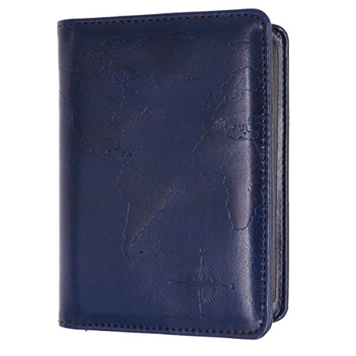 Product Cover Kandouren RFID Blocking Passport Holder Cover Case,travel luggage passport wallet made with Blue Map Crazy Horse PU Leather for Men & Women