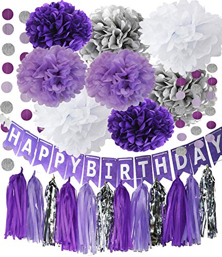Product Cover Purple Silver Party Decorations Tissue Pom Pom Happy Birthday Banner Purple Silver Circle Paper Garland for Birthday Party Decorations/Purple Silver First Birthday Party Supplies