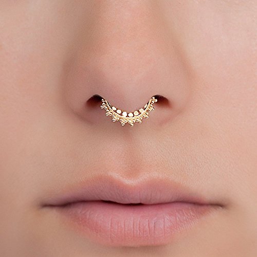 Product Cover Tiny Gold Fake Septum Nose Ring, Indian Faux Gold Plated Brass Clip On Non Pierced Septum Hoop, 18g, Handmade Piercing Jewelry